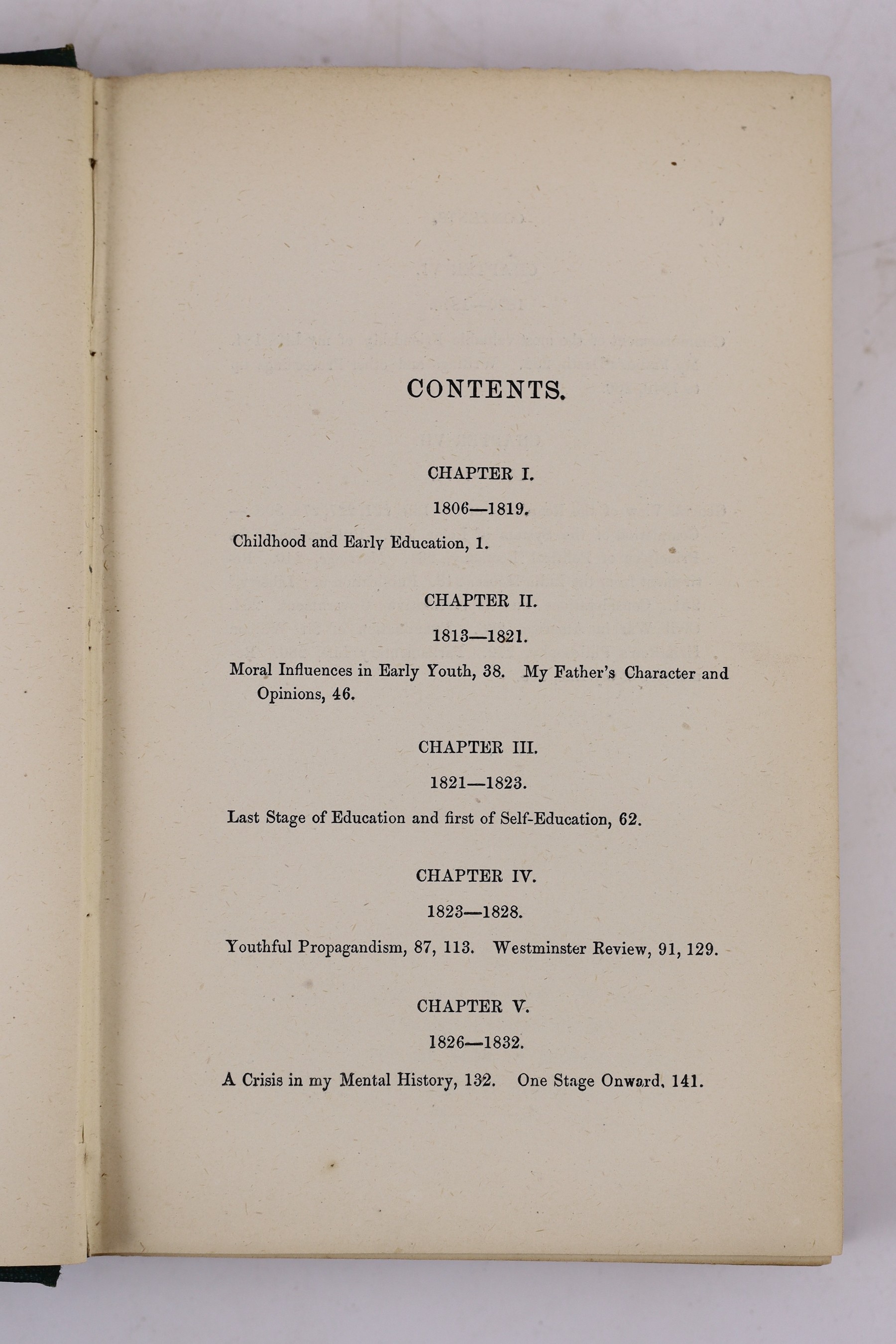Mill, John Stuart-Autobiography. First Edition. half title, erratum slip and advert. leaf; original black and gilt-ruled and gilt lettered cloth. 1873; Mill, John Stuart - Essays on Some Unsettled Questions of Political
